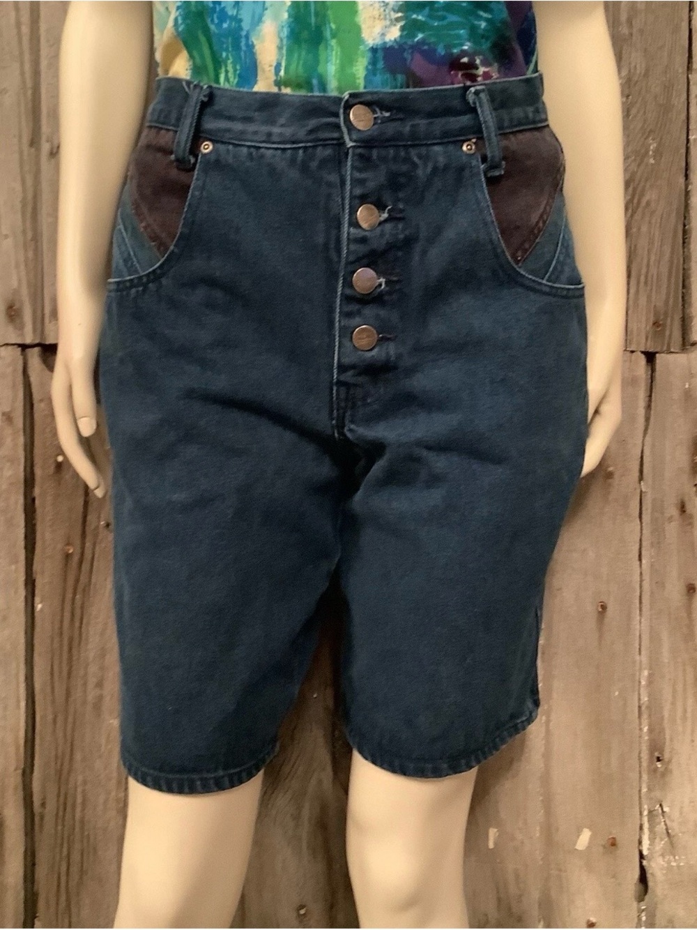 Vintage 80s High Waisted Blue Denim Burmuda Shorts Womens 28” Waist /Top BUNDLE